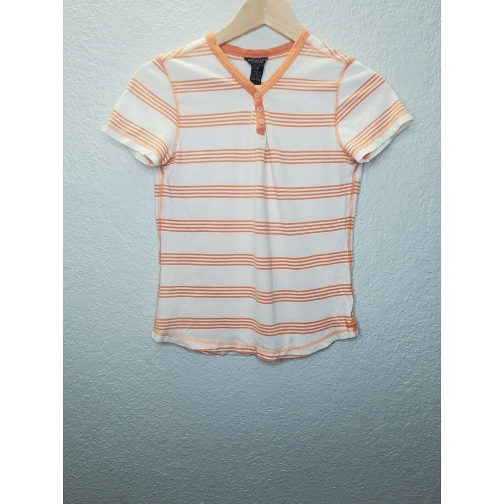 American Eagle Size Small Women's Short Sleeve Henley Orange White Striped